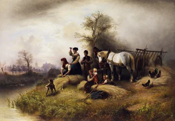Familia campesina en la cosecha de trigo observando un desfile de caballería